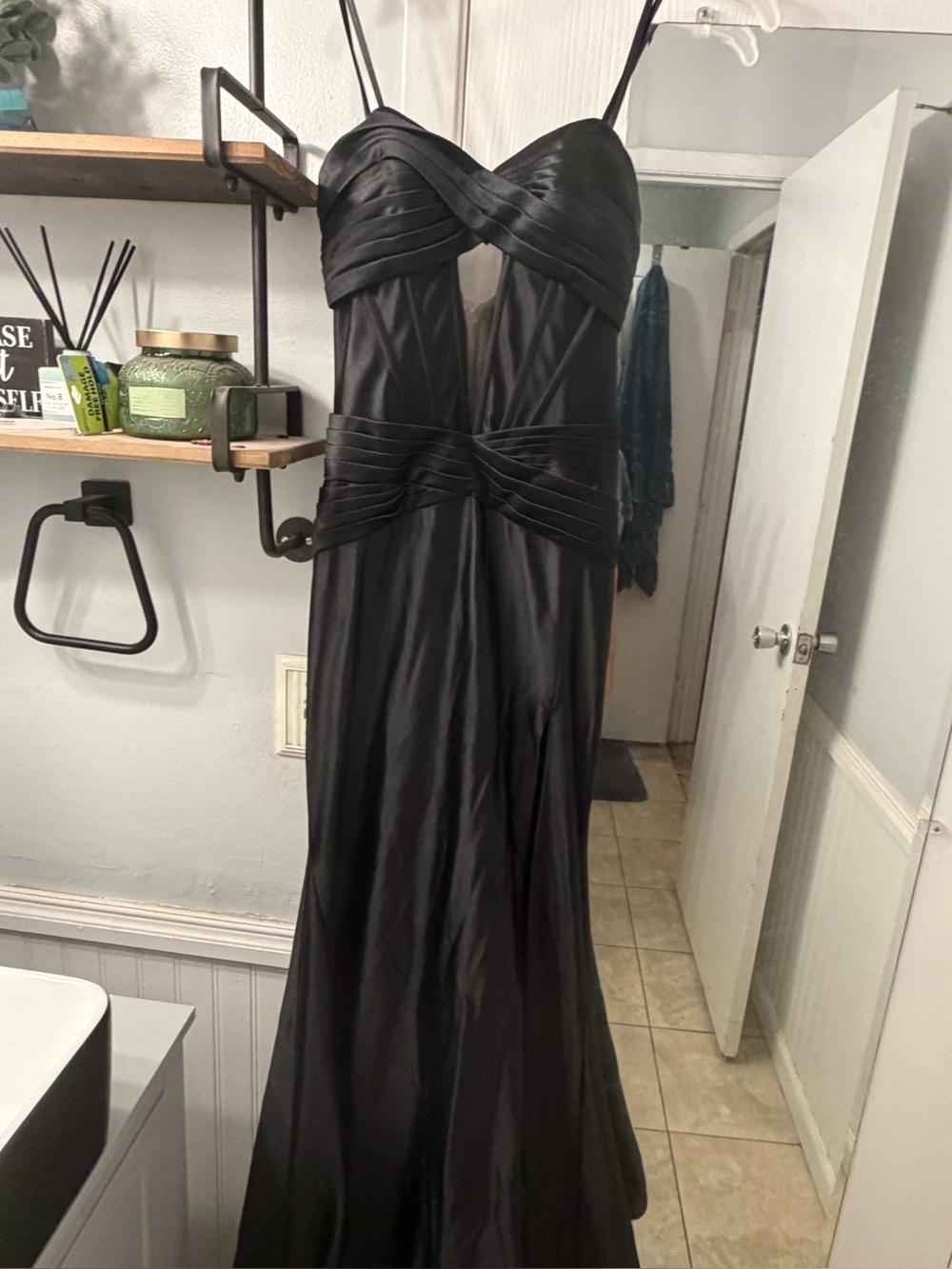 Dave &Johnny Elegant Black Satin Evening Gown with Draped Waist